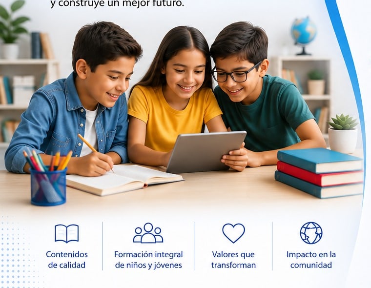 Tres estudiantes leyendo y trabajando juntos con una tableta y libros sobre la mesa