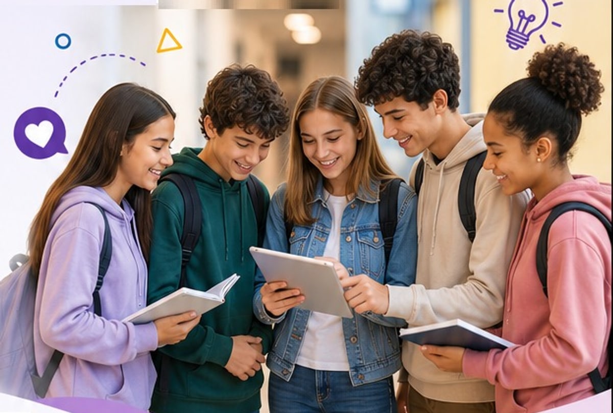 Estudiantes de secundaria conversando en el pasillo del colegio mientras revisan una tableta